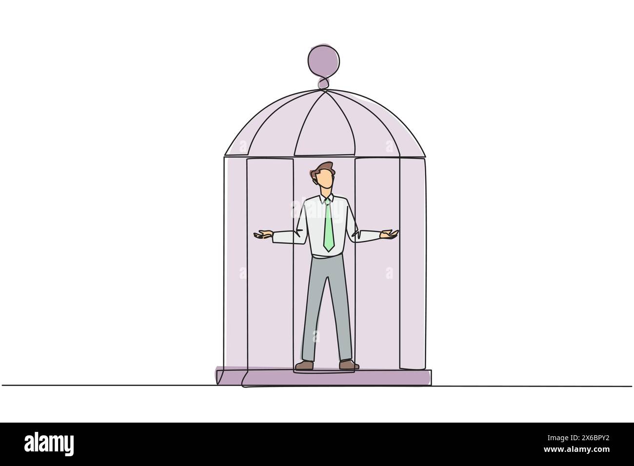 Simple une ligne dessinant homme d'affaires piégé dans la cage debout avec les bras ouverts. Abandonnez-vous à la situation. Forcé de rester dans une cage. Les affaires ne sont pas grasses Illustration de Vecteur