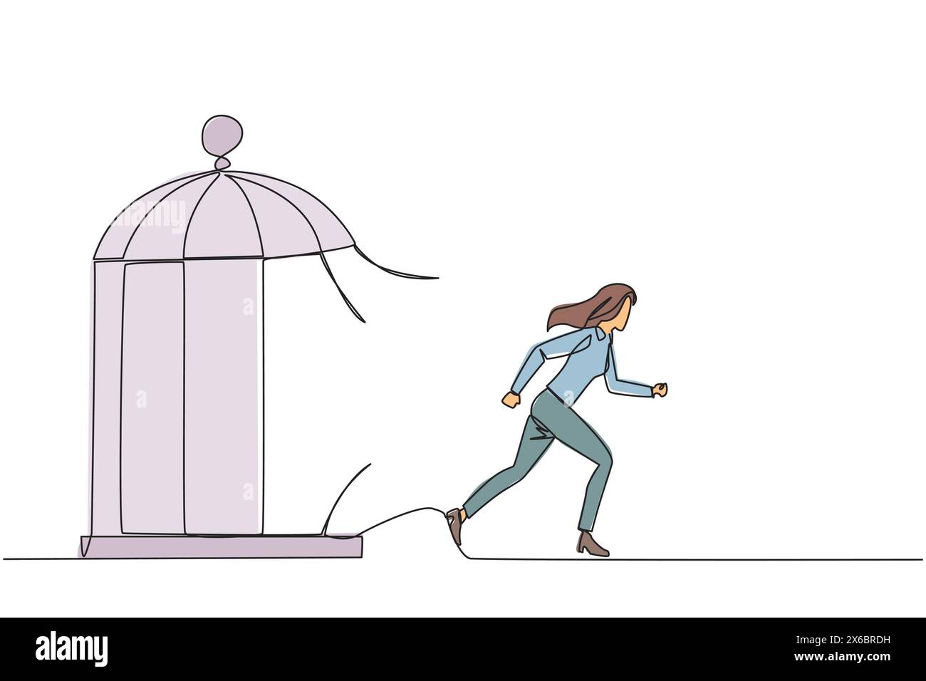 Une seule ligne continue dessinant une jeune femme d'affaires coincée dans la cage qui traverse la cage. La métaphore pénètre la limite maximale de soi. Désir Illustration de Vecteur