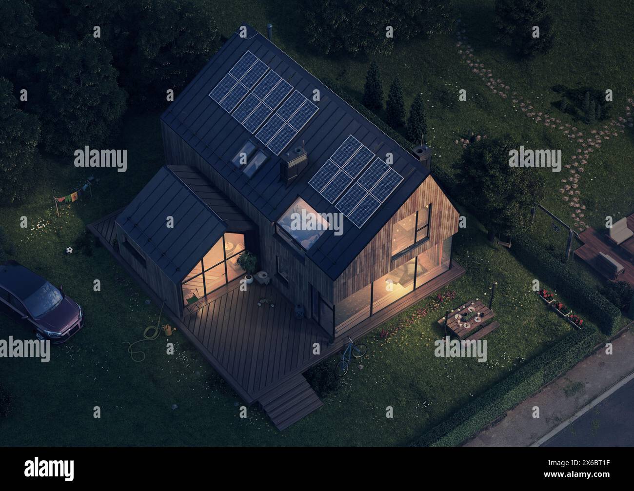 Villa maison moderne avec panneaux solaires - version nuit, pas gen ai Banque D'Images