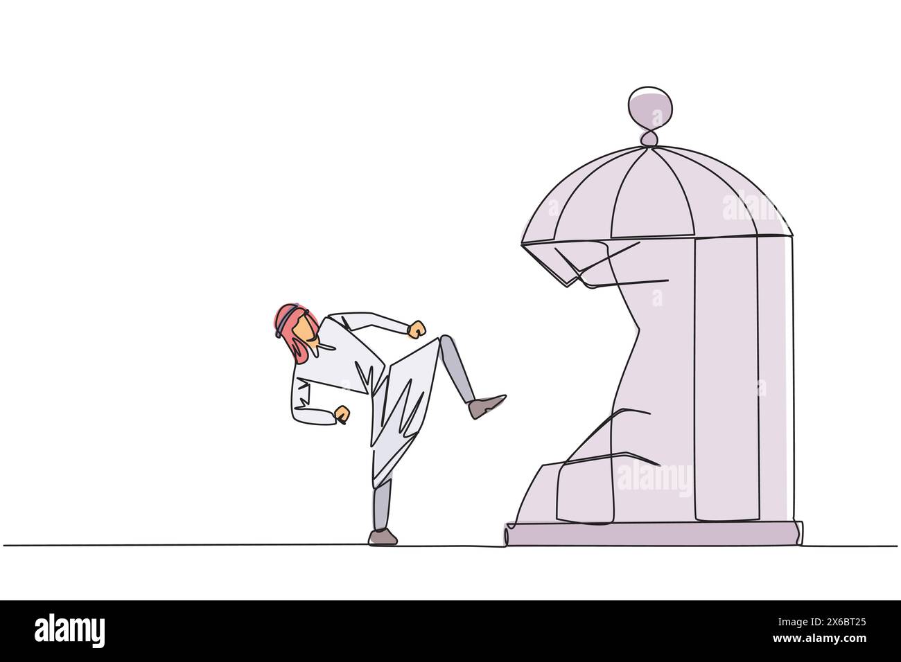 Continue d'une ligne dessinant l'homme d'affaires arabe détruire la cage avec le coup de pied. Les métaphores éliminent le piège de la zone de confort. Un entrepreneur de génie pour la comp Illustration de Vecteur
