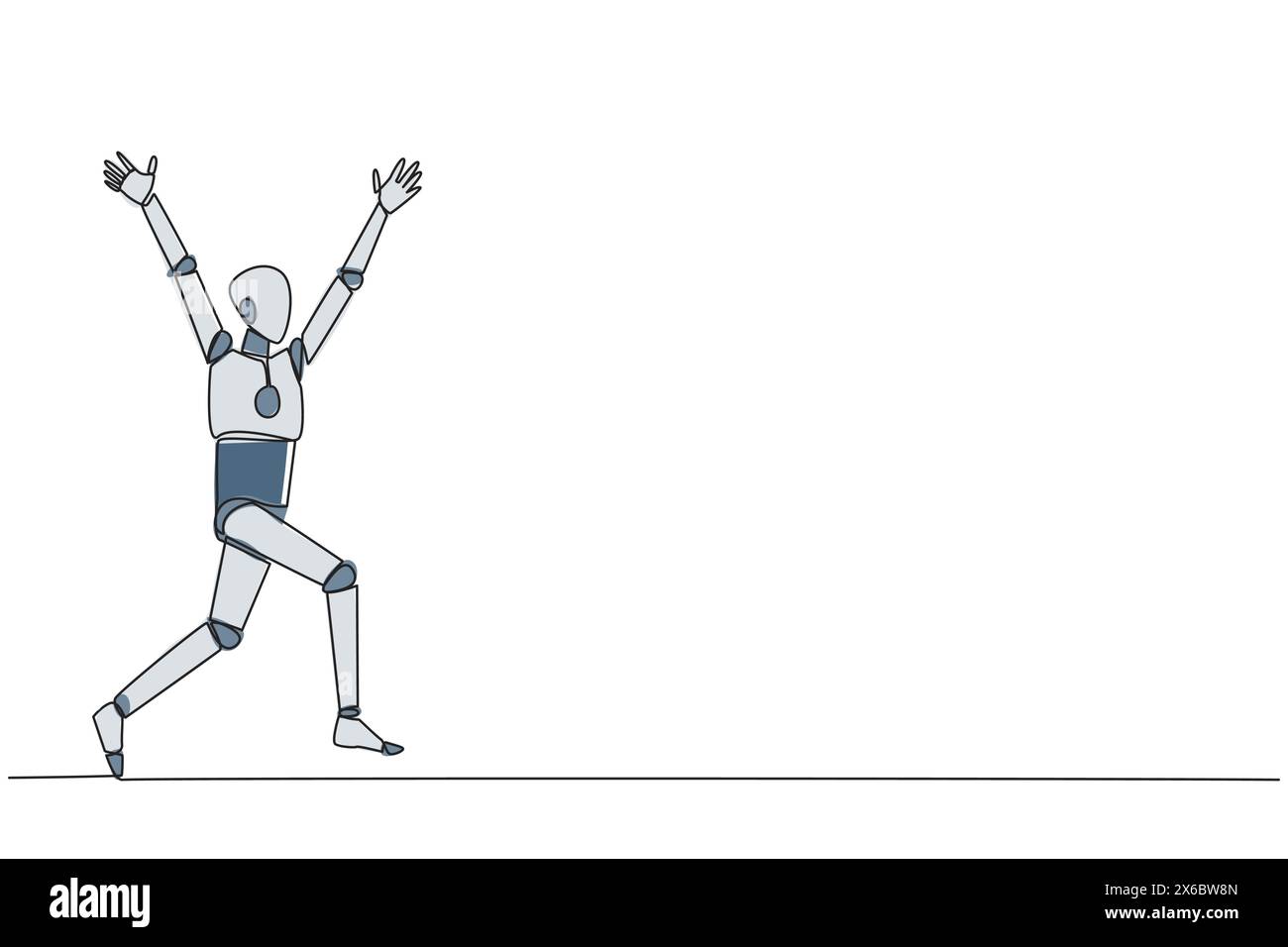 Robot de dessin d'une ligne unique en cours d'exécution pour célébrer le succès de l'entreprise. Comme un joueur de football qui marque des buts, faire célèbre. Réussite. Technologie IA Illustration de Vecteur