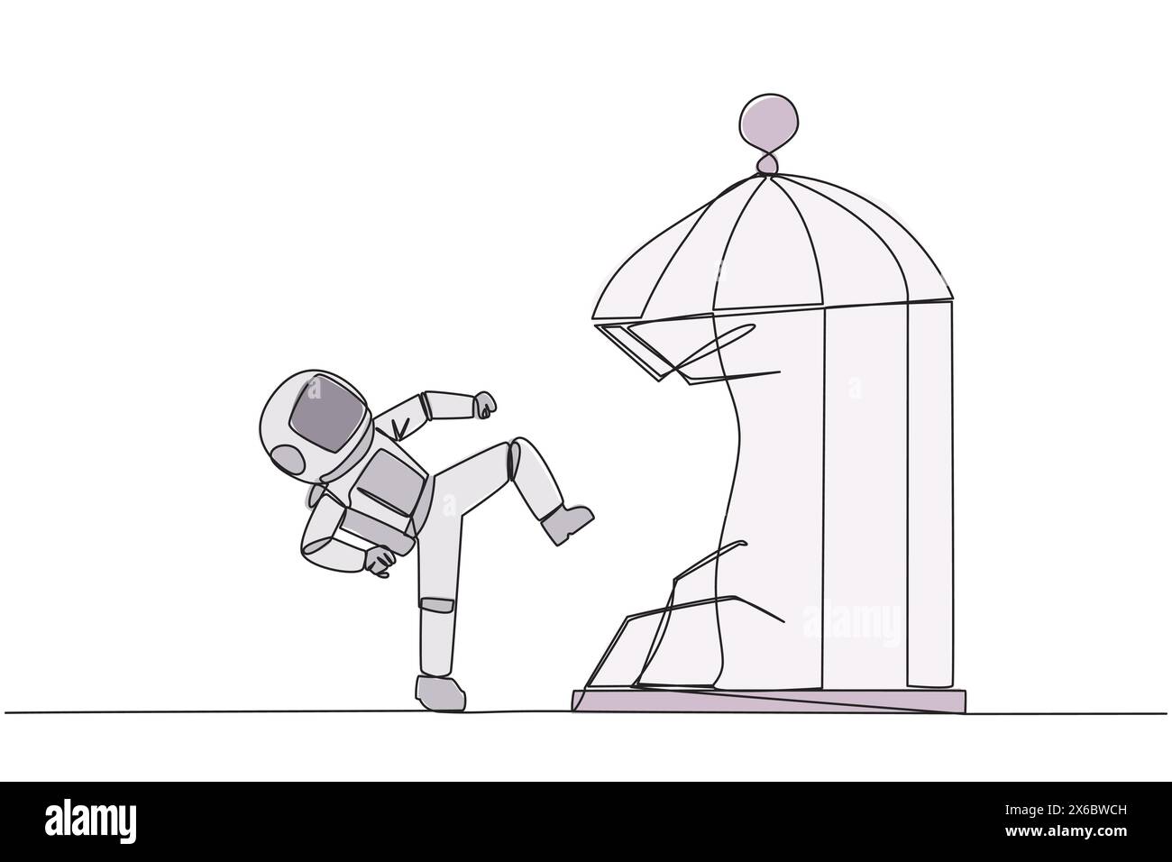 Simple une ligne dessin taekwondo astronaute détruire la cage avec le coup de pied. Les métaphores éliminent le piège de la zone de confort. Un entrepreneur de génie pour la comp Illustration de Vecteur