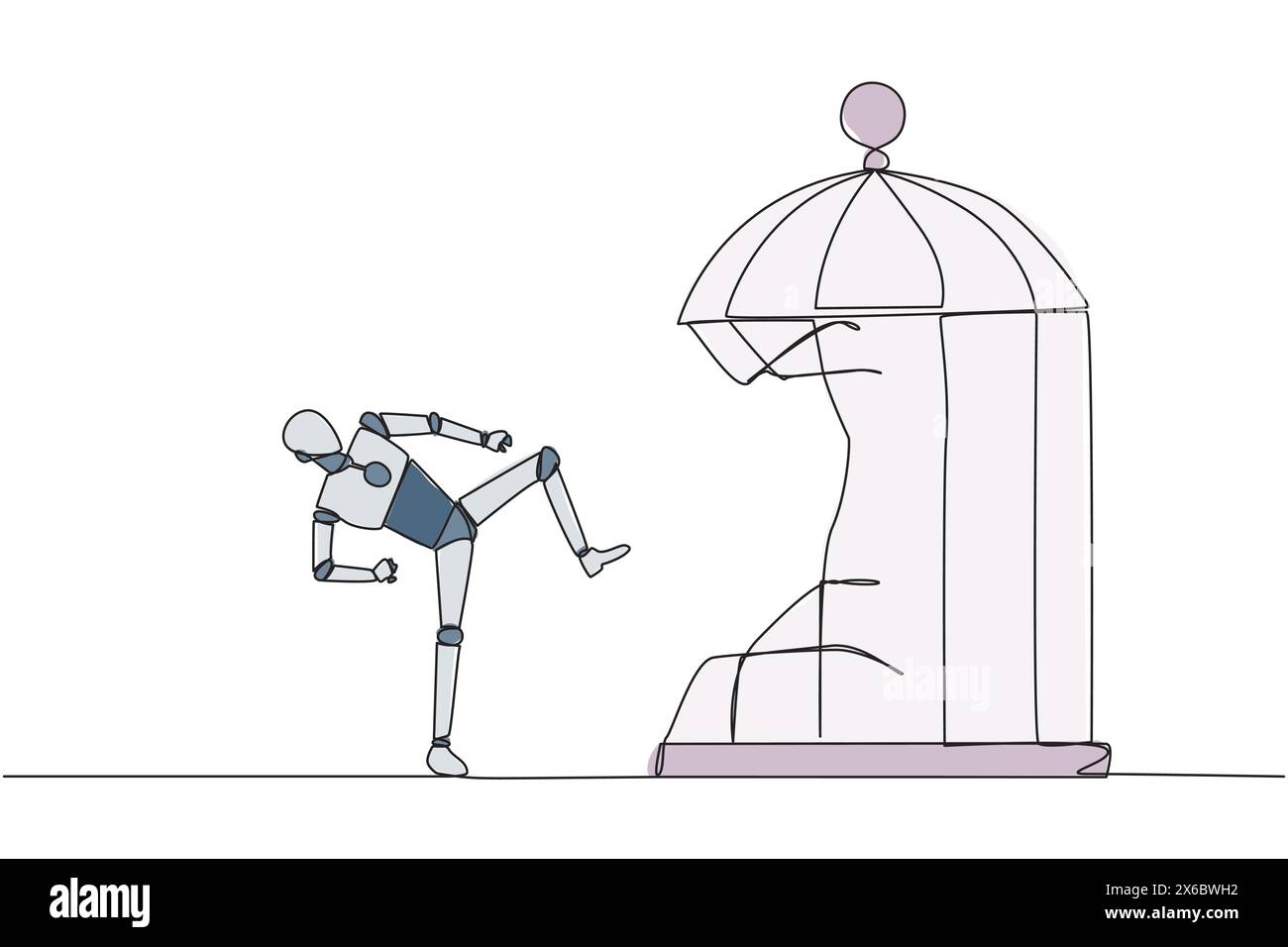 Un robot taekwondo dessinant une ligne continue détruire la cage avec le coup de pied. Les métaphores éliminent le piège de la zone de confort. Un entrepreneur de génie pour la comp Illustration de Vecteur