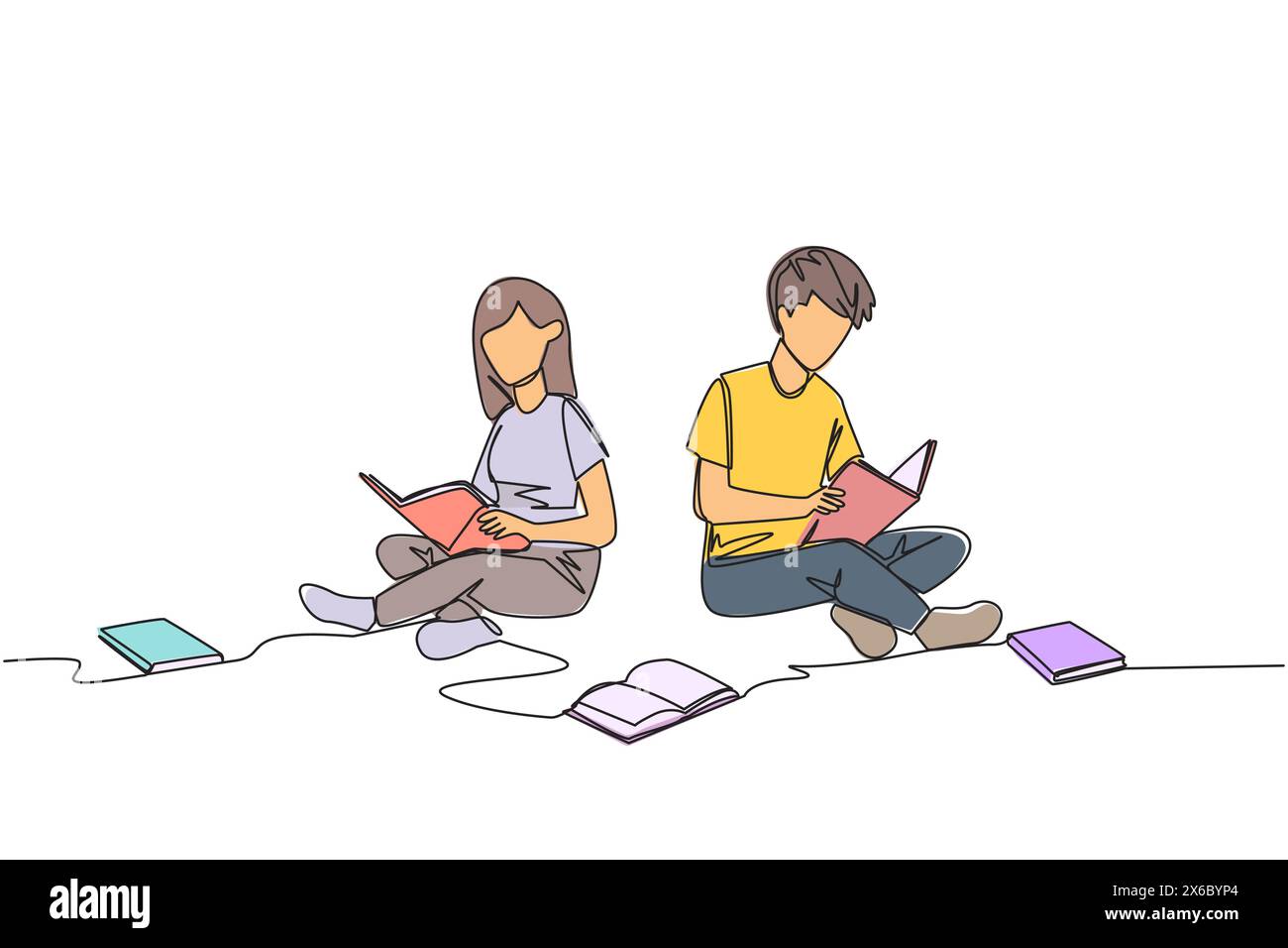 Simple ligne continue dessinant homme femme assise détendue dans la bibliothèque lisant beaucoup de livres. Recherche de réponses à des missions. Lecture hobby. Fête du livre Illustration de Vecteur