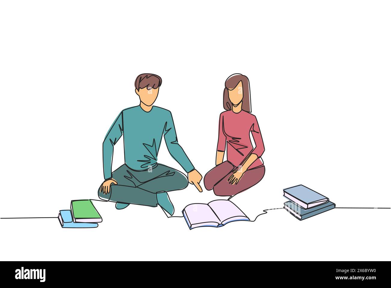 Ligne continue unique dessinant homme femme lisant des livres heureusement. Bon intérêt pour la lecture. Aimez vraiment lire des livres d'histoires. Lire partout. Fête du livre Illustration de Vecteur