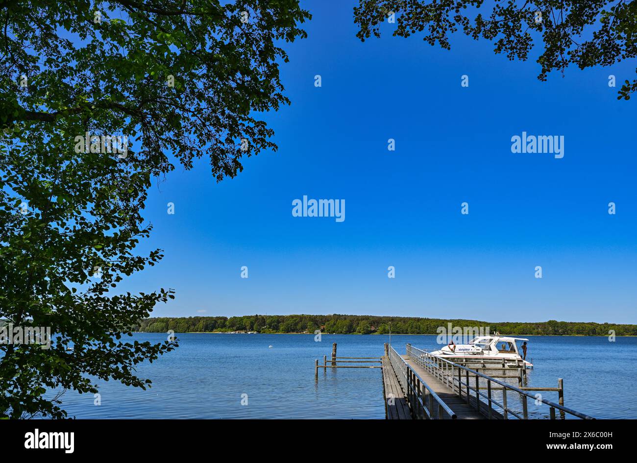 14 mai 2024, Brandebourg, Diensdorf-Radlow : vue sur le lac Scharmützelsee depuis la rive est. Selon les autorités, les eaux de baignade du Brandebourg sont d'excellente qualité au début de la saison balnéaire. Les autorités sanitaires des districts et des villes indépendantes ont évalué 230 sur 251 comme étant d'excellente qualité, a annoncé dimanche le ministère de la protection des consommateurs à Potsdam. L'eau du lac Scharmützel est également d'excellente qualité. Le plan d'eau dans la région de Storkower Land, également appelé le Märkisches Meer par Fontane, est le plus grand lac du Brandebourg avec Banque D'Images