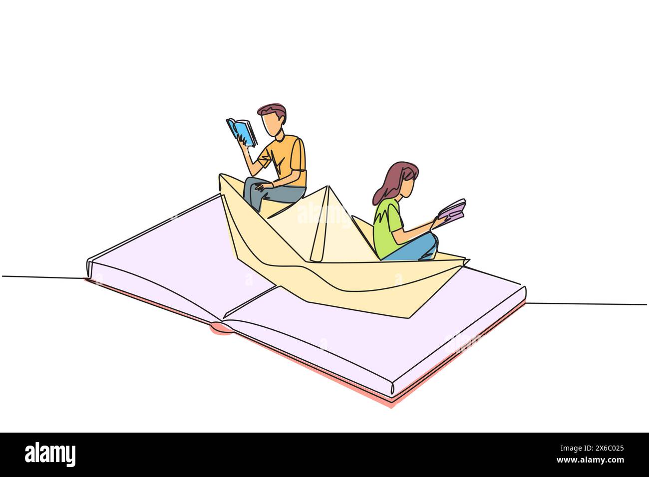 Continu une ligne dessinant homme femme lisant livre sur un bateau de papier. Maintenez les bonnes habitudes. La métaphore de la lecture peut explorer les océans. Réservez festiva Illustration de Vecteur
