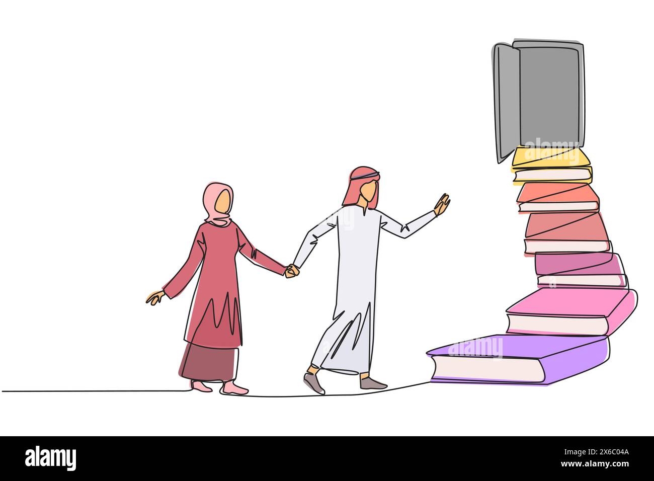 Simple une ligne dessinant un homme arabe femme grimper les escaliers de la pile de livres. Vers la porte grande ouverte. Métaphore de trouver des réponses dans les livres. Fête du livre Illustration de Vecteur