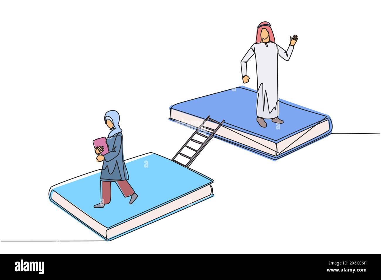 Simple une ligne dessinant la femme homme arabe marchant sur les livres. Concept d'exposition de livres. Afficher de nombreux livres, livre scientifique à livre d'histoire de fiction. Fête du livre Illustration de Vecteur