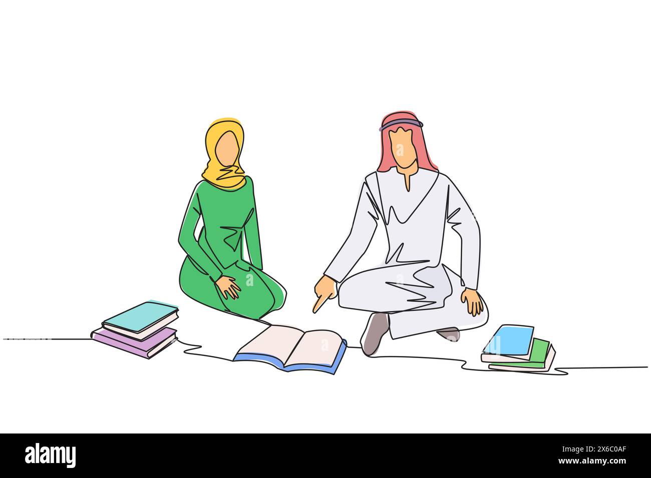 Simple une ligne dessinant homme arabe femme lisant le livre heureusement. Bon intérêt pour la lecture. Aimez vraiment lire des livres d'histoires. Lire partout. Fête du livre Illustration de Vecteur