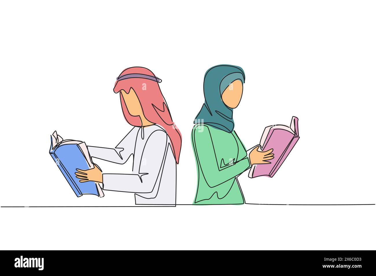 Continu une ligne dessinant homme arabe femme très concentré sur la lecture livre. Lire un livre d'histoire de fiction pendant les vacances. Concept de festival de livres. Très bien Illustration de Vecteur