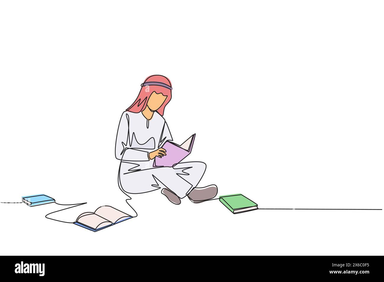 Simple ligne continue dessinant homme arabe assis se détendre dans la bibliothèque lisant beaucoup de livres. Recherche de réponses à des missions. Lecture hobby. Fête du livre Illustration de Vecteur