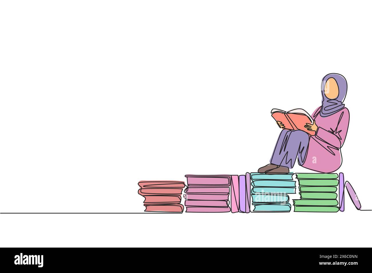 Simple ligne continue dessinant femme arabe assise se détendre lisant livre sur pile de livres. Détendez-vous tout en lisant un livre de fiction. Profitez de l'histoire. Fête du livre Illustration de Vecteur