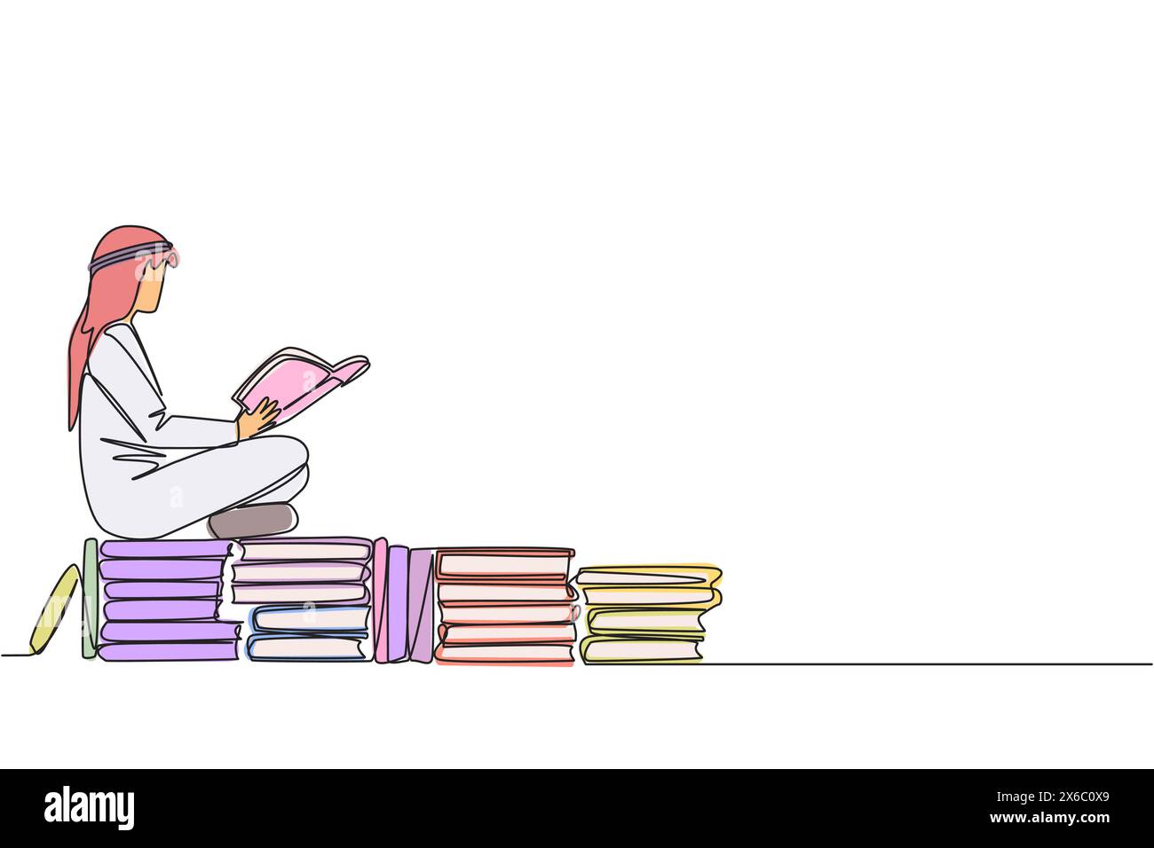 Simple une ligne dessin homme arabe assis se détendre lecture livre sur pile de livres. Détendez-vous tout en lisant un livre de fiction. Profitez de l'histoire. Réservez festival conc Illustration de Vecteur