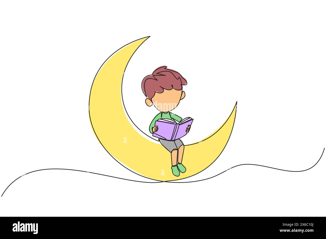 Ligne continue dessinant garçon assis sur le croissant de lune lisant un livre. Métaphore de la lecture d'une histoire de fées avant de dormir. Lire jusqu'à tard. J'aime lire Illustration de Vecteur