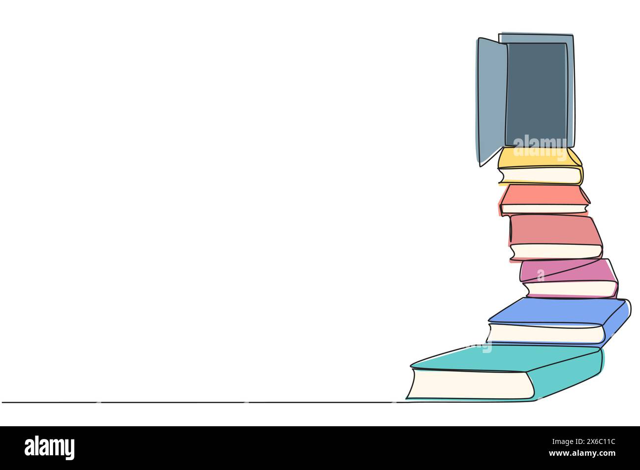 Une seule ligne continue empilent les livres utilisés comme étapes. Atteindre la porte ouverte au bout des escaliers. Symbole de la réalisation des désirs. Fête du livre Illustration de Vecteur