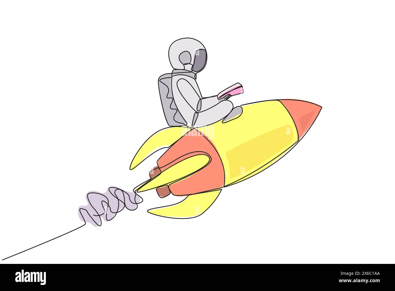 Ligne continue dessinant un astronaute volant sur un livre de lecture de fusée. Toujours lire des livres n'importe où. Le livre inspire à devenir scientifique. Fête du livre Illustration de Vecteur