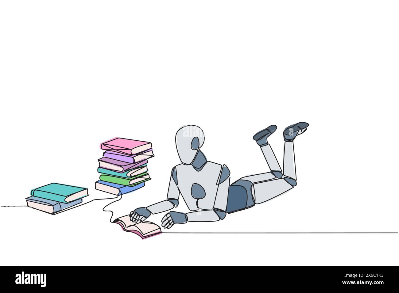 Robot intelligent de dessin de ligne continue simple aime vraiment lire. Chaque jour, un livre est lu. Bonne habitude. Il n'y a pas de jour sans livre de lecture. Livre fes Illustration de Vecteur