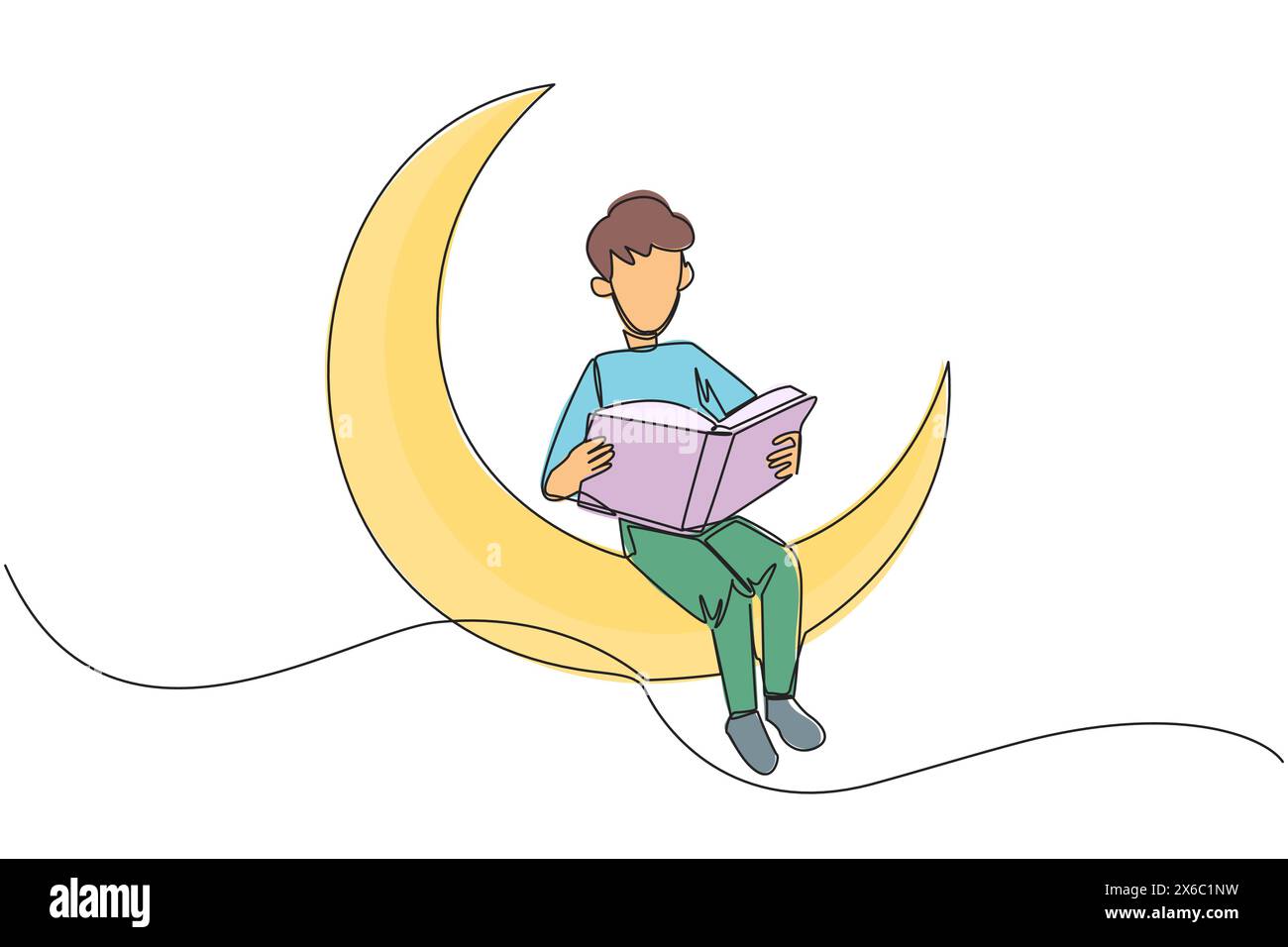 Simple une ligne dessinant homme assis sur le croissant de lune lisant un livre. Métaphore de la lecture d'une histoire de fées avant de dormir. Lire jusqu'à tard. J'adore lire. Illustration de Vecteur