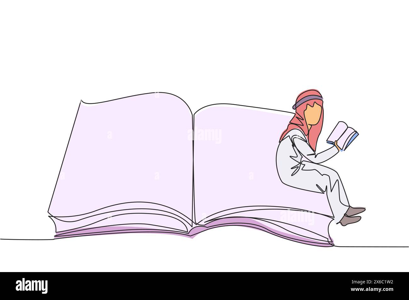 Simple une ligne dessinant homme arabe assis sur le bord d'un grand livre ouvert. Étudiez avant l'arrivée de l'heure d'examen. Lisez les manuels avec focus. La lecture est fu Illustration de Vecteur