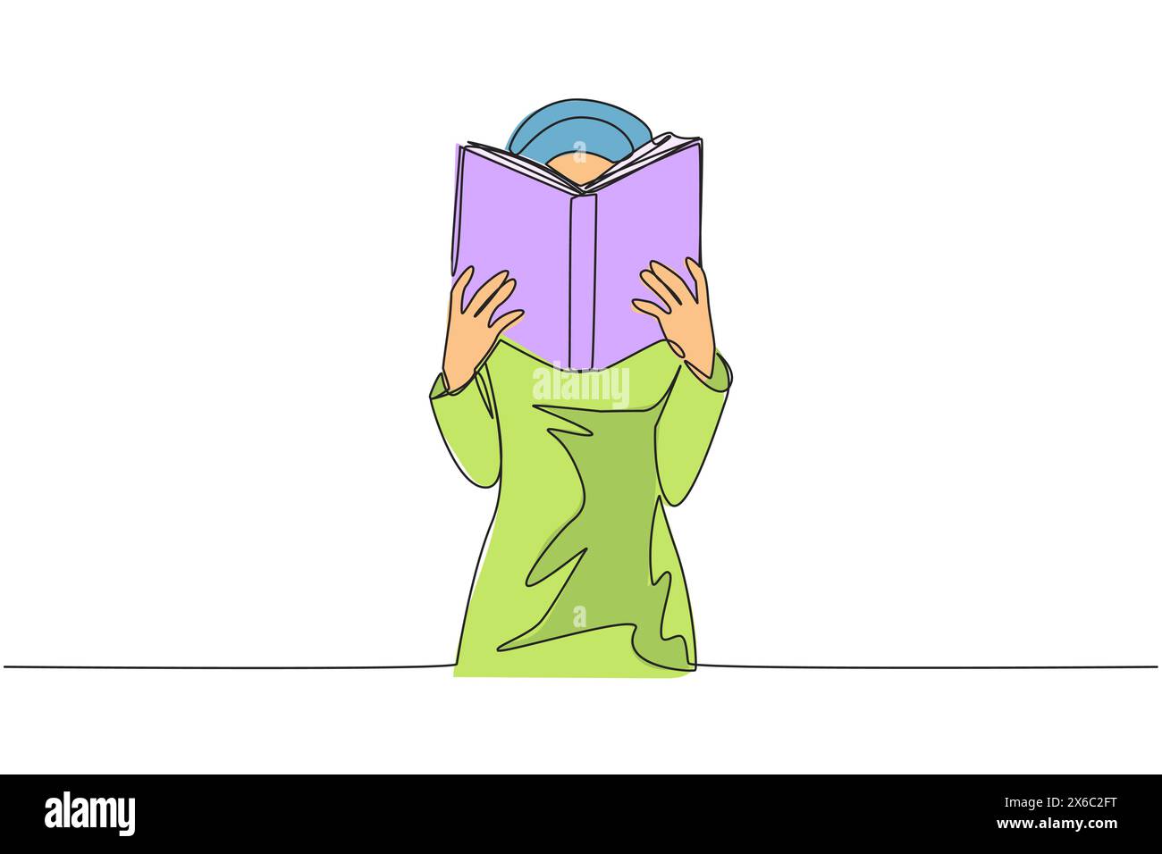 Une seule ligne continue dessinant femme arabe lisant sérieusement le livre jusqu'à couvrir le visage. Nerveux face aux examens finaux. Essayez de vous concentrer. Incr. Lecture Illustration de Vecteur