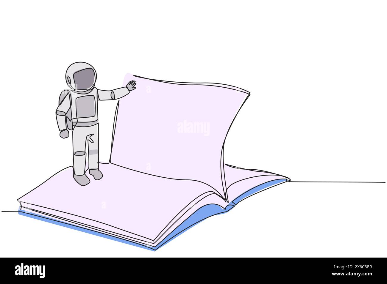Une ligne continue dessinant astronaute debout au-dessus du grand livre ouvert tournant la page. Lisez lentement pour comprendre le contenu de chaque page. La lecture augmente insig Illustration de Vecteur
