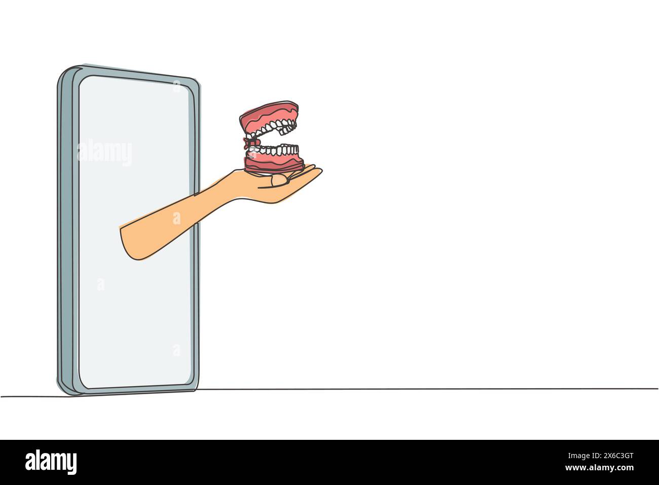 Une seule main de dessin de ligne continue sort du smartphone tenant des prothèses dentaires. Application spéciale sur la santé bucco-dentaire et son anatomie. Inconvénients en ligne Illustration de Vecteur