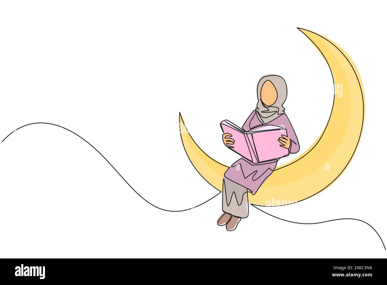Une seule ligne continue dessinant une femme arabe assise sur le croissant de lune lisant un livre. Métaphore de la lecture d'une histoire de fées avant de dormir. Lire jusqu'à tard. Illustration de Vecteur