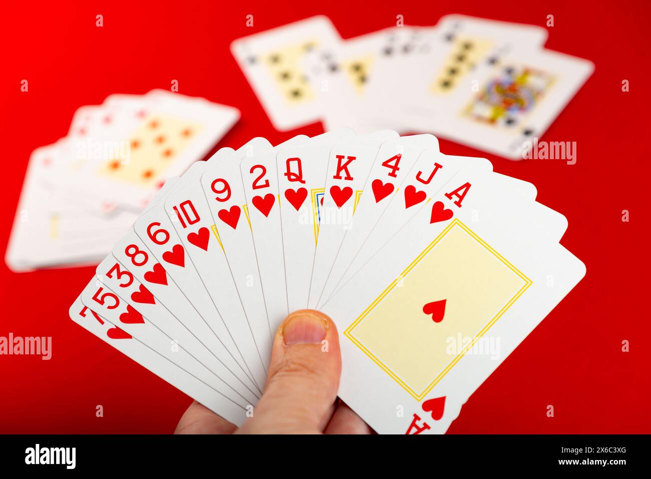 Cartes à jouer. Cartes de poker dans la main d'un passionné. Jeu de plateau. Isolé sur fond rouge. Banque D'Images