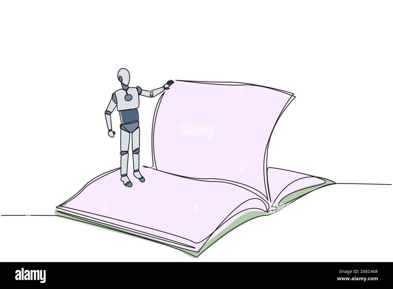 Robot intelligent de dessin d'une seule ligne se tenant au-dessus de la page ouverte du grand livre tournant. Lisez lentement pour comprendre le contenu de chaque page. La lecture augmente insig Illustration de Vecteur