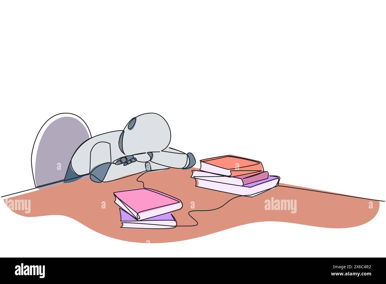 Ligne continue unique dessin robotique intelligent endormi à la table où il y avait des piles de livres. Fatigué après avoir terminé avec succès livre de lecture préféré. L Illustration de Vecteur