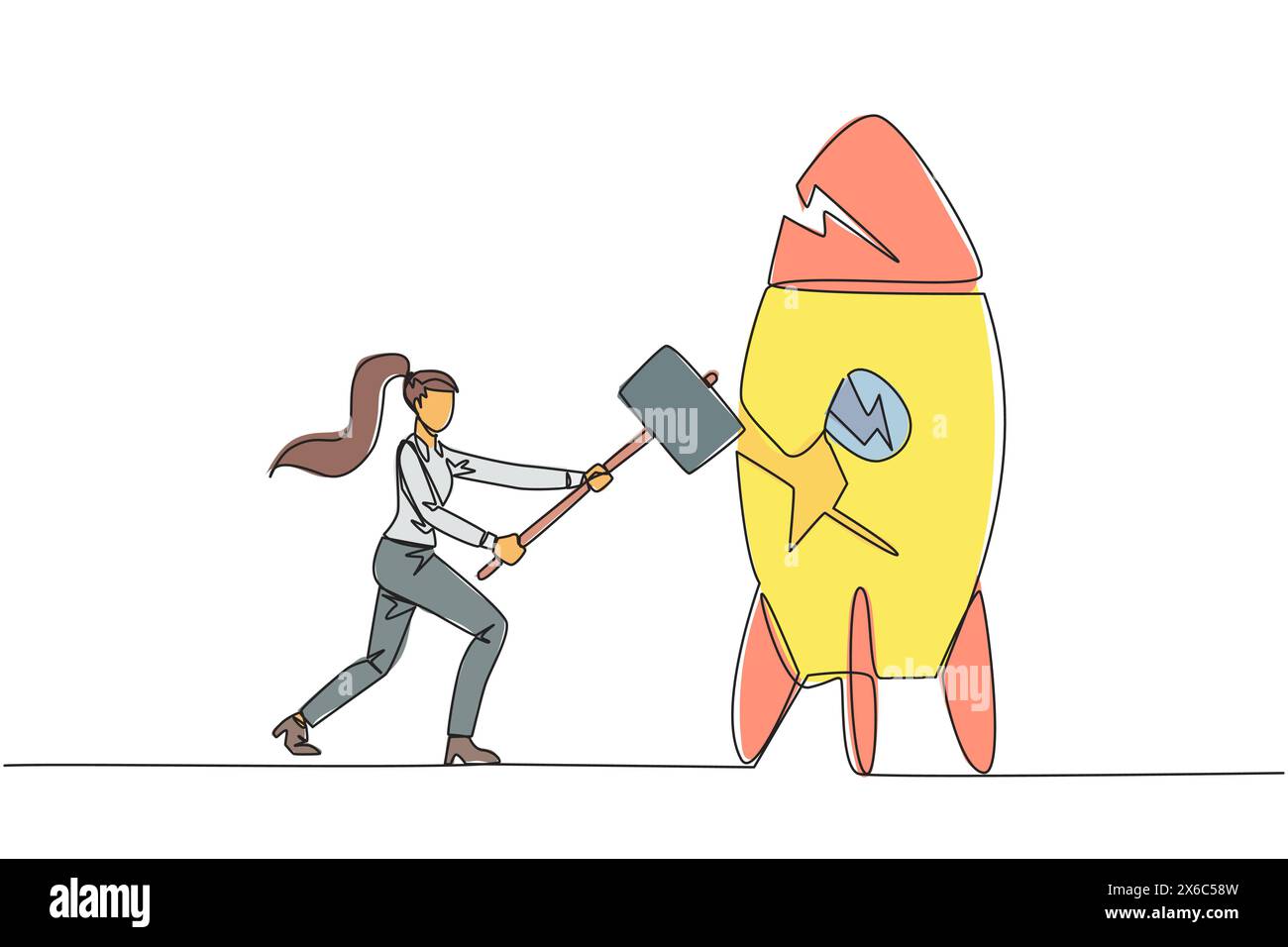 Continue d'une ligne dessinant femme d'affaires se préparant à frapper une fusée debout. Rampage. Pas prêt à accepter les nouvelles technologies. Pas prêt pour la compétition. Illustration de Vecteur