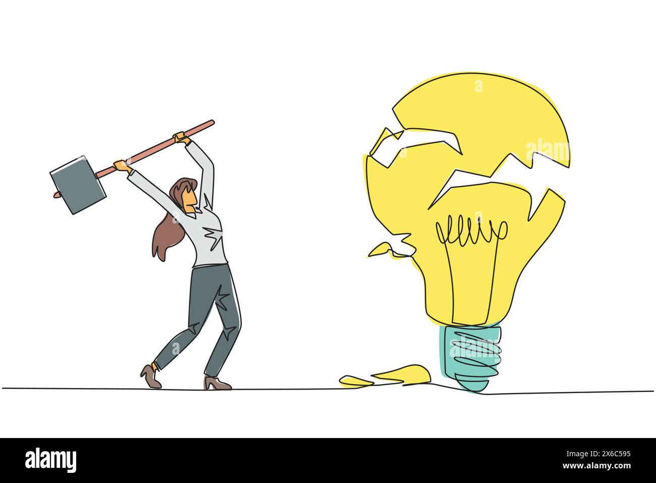 Simple ligne continue dessinant femme d'affaires se préparant à frapper la grande ampoule. La colère écrasante. N'a pas réussi à obtenir une idée commerciale brillante. Destination Illustration de Vecteur