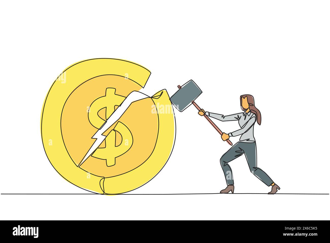 Simple une ligne dessinant femme d'affaires se préparant à frapper une grande pièce de monnaie avec le symbole du dollar. Échec de l'obtention d'un nouvel investisseur. Impossible d'obtenir un revenu. Exprimer un Illustration de Vecteur