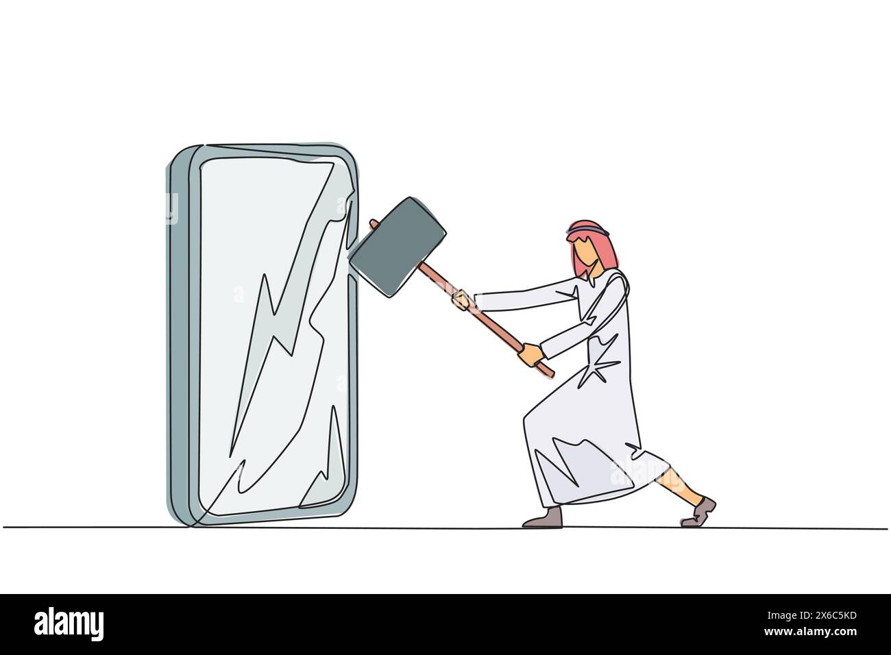 Continu une ligne dessinant homme d'affaires arabe se préparant à frapper grand smartphone. La technologie peut être destructrice si elle n'est pas utilisée correctement. L'intelligence est requi Illustration de Vecteur