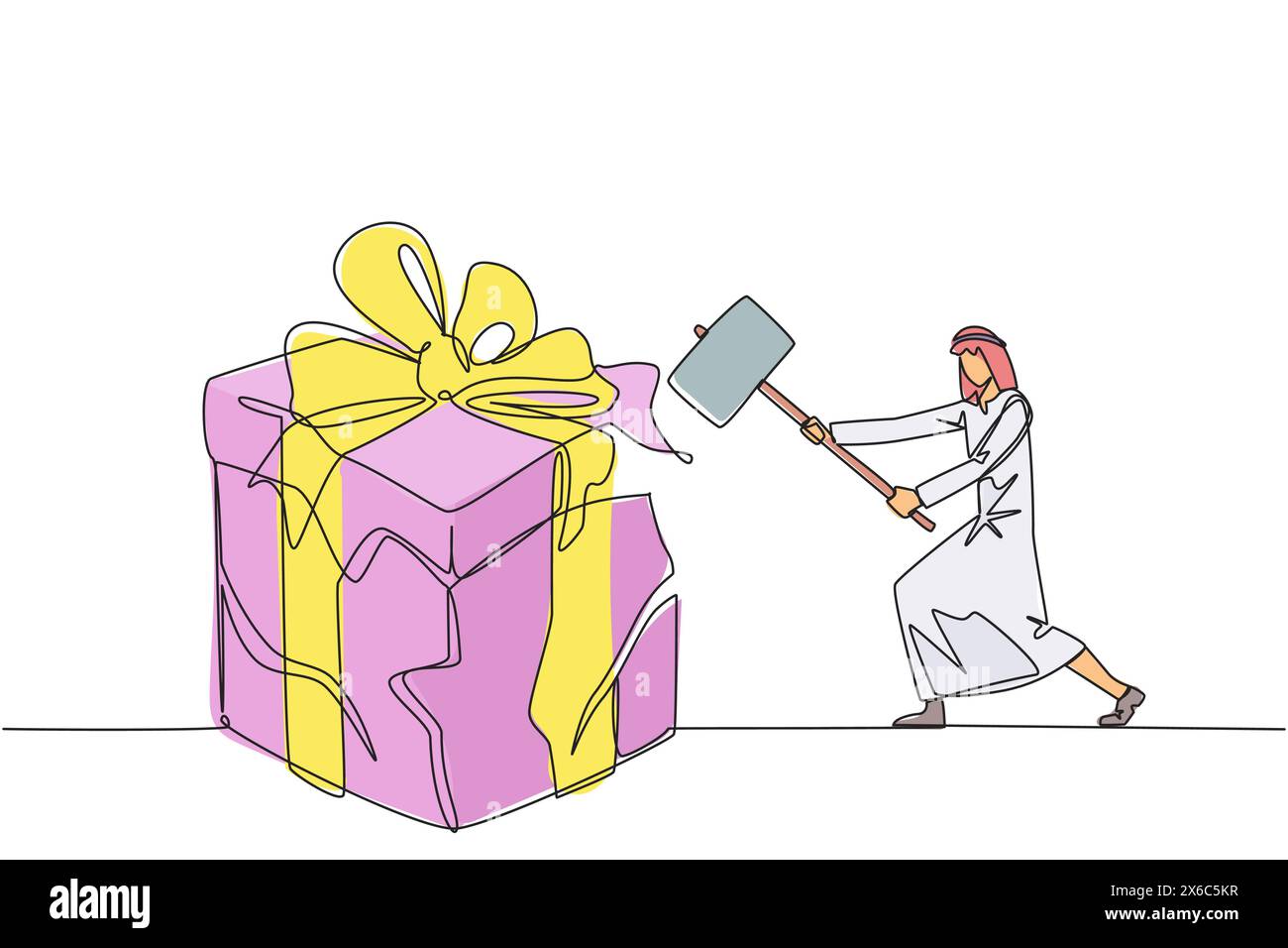 Continu une ligne dessinant homme d'affaires arabe se préparant à frapper la grande boîte cadeau. Homme d'affaires exprime sa déception. Détruire tout ce qui est en vue. A Illustration de Vecteur