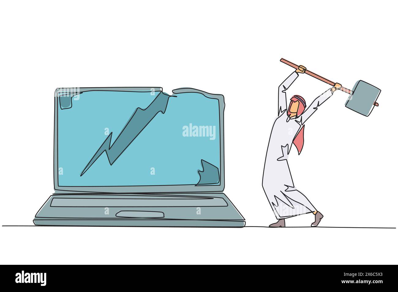 Simple une ligne dessinant homme d'affaires arabe se préparant à frapper ordinateur portable. Rampage. Détruire une technologie qui ne peut pas être utilisée de manière optimale. Mettre à niveau le matériel et le brai Illustration de Vecteur