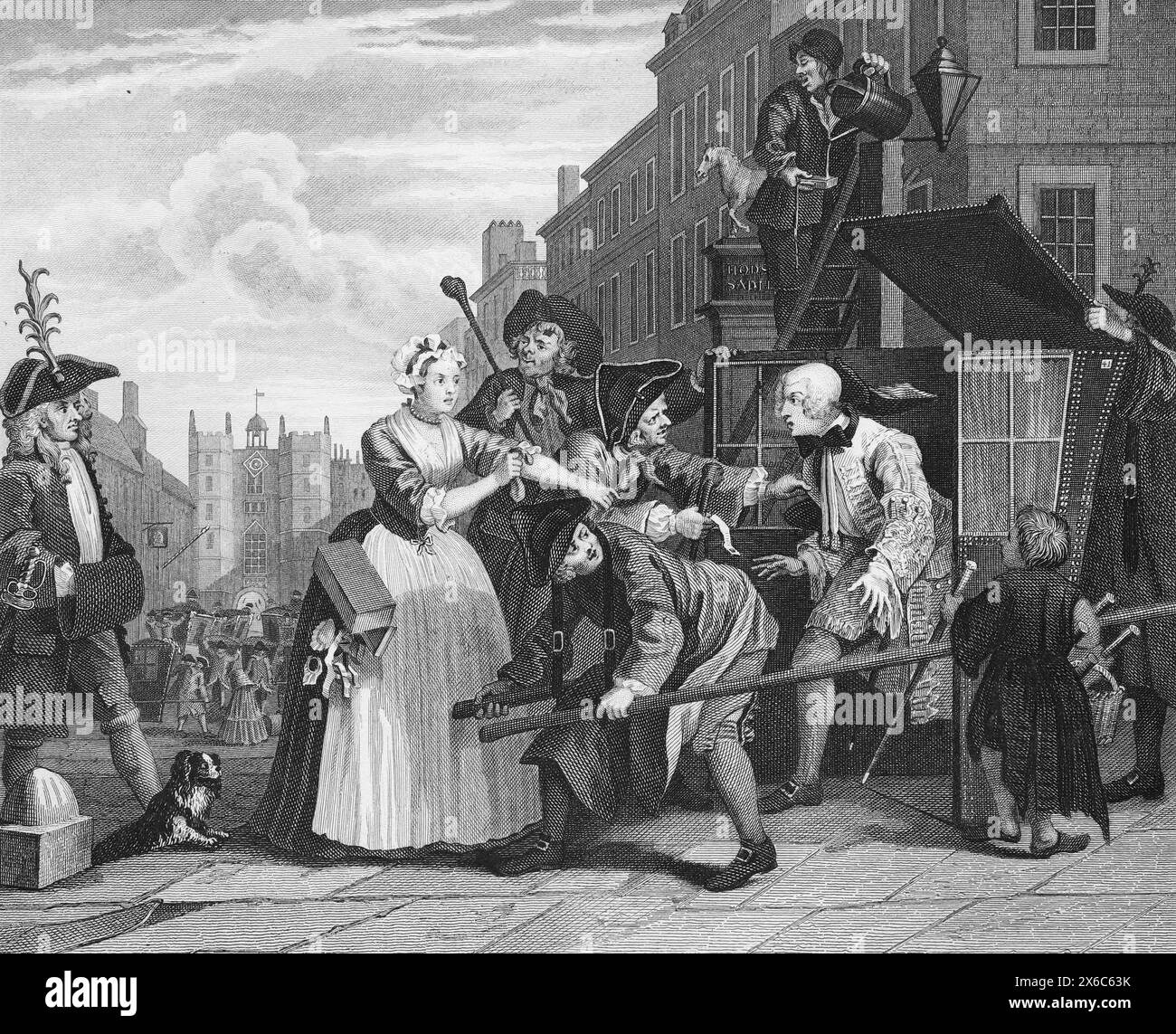Illustration en noir et blanc: "Arrêté pour dette comme allant au tribunal". Gravure d'après William Hogarth (1697 - 1764) de sa série, 'The Rake's Progress' Banque D'Images