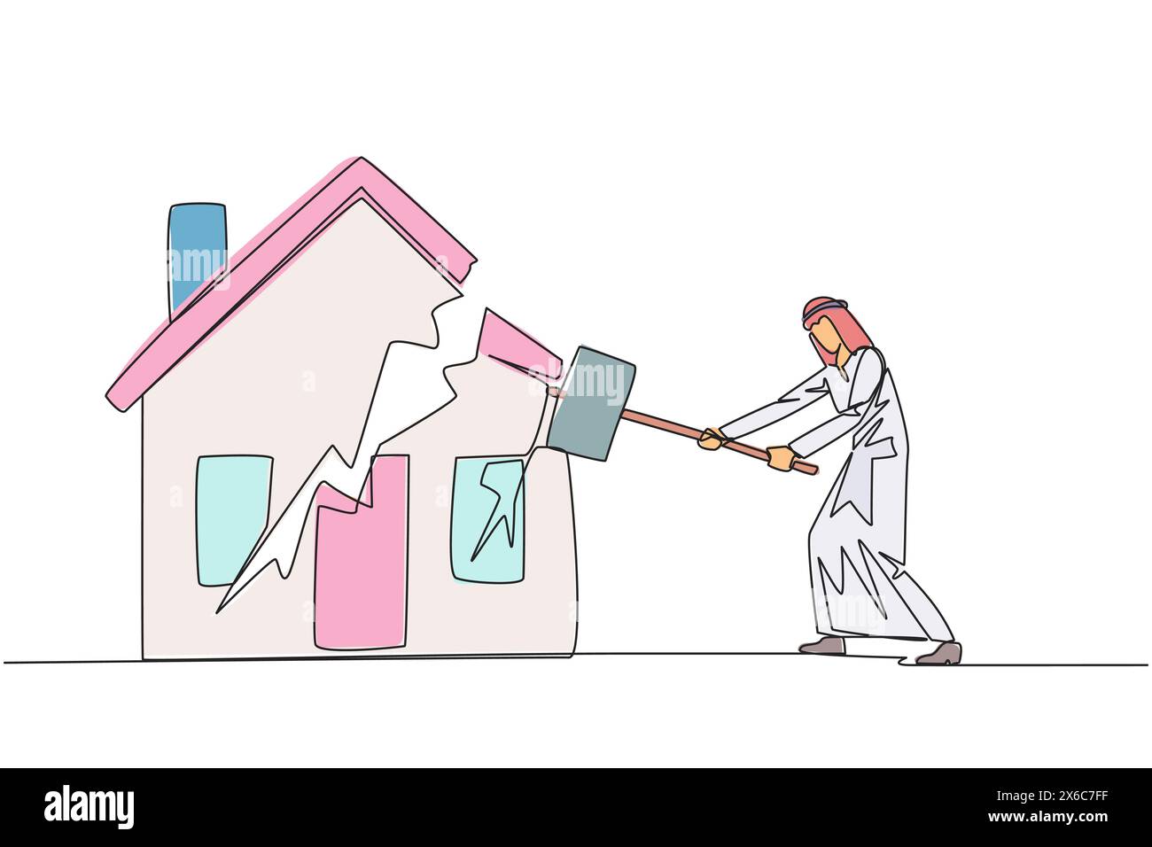 Simple une ligne dessinant homme d'affaires arabe se préparant à frapper maison miniature. Métaphore de la maison comme garantie de paiement. Échoue. La maison est partie. Bankru Illustration de Vecteur