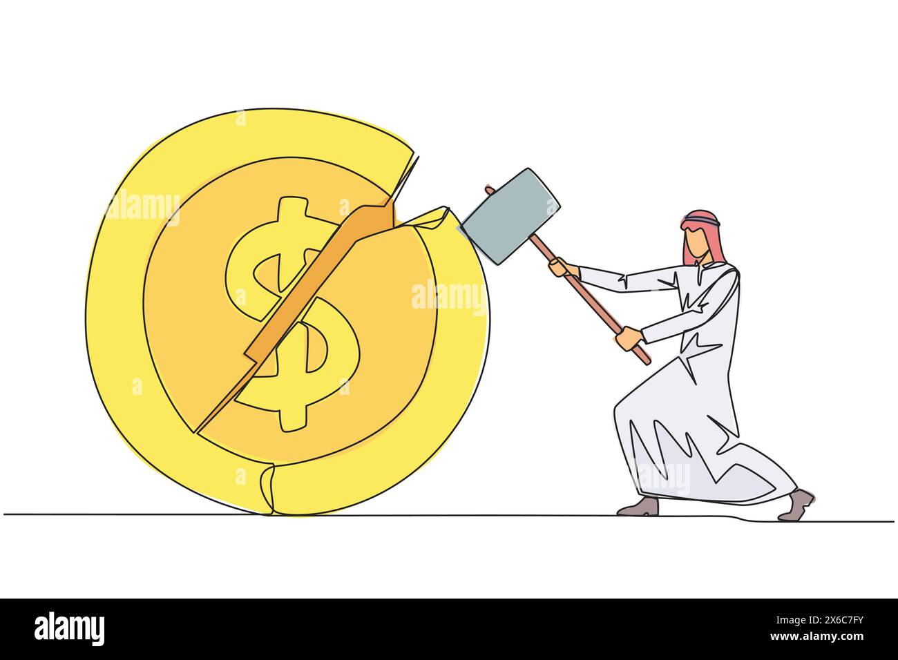 Continue d'une ligne dessinant homme d'affaires arabe se préparant à frapper pièce de monnaie avec le symbole du dollar. Échec de l'obtention d'un nouvel investisseur. Impossible d'obtenir un revenu. Exprimer un Illustration de Vecteur