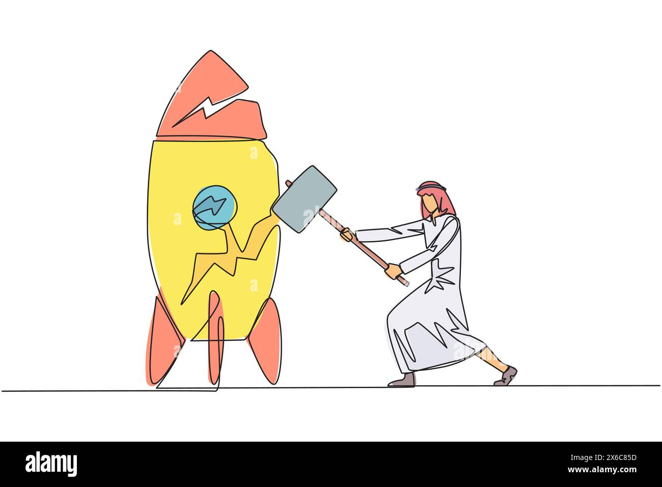 Ligne continue unique dessinant homme d'affaires arabe se préparant à frapper une roquette debout. Rampage. Pas prêt à accepter les nouvelles technologies. Pas prêt pour comp Illustration de Vecteur