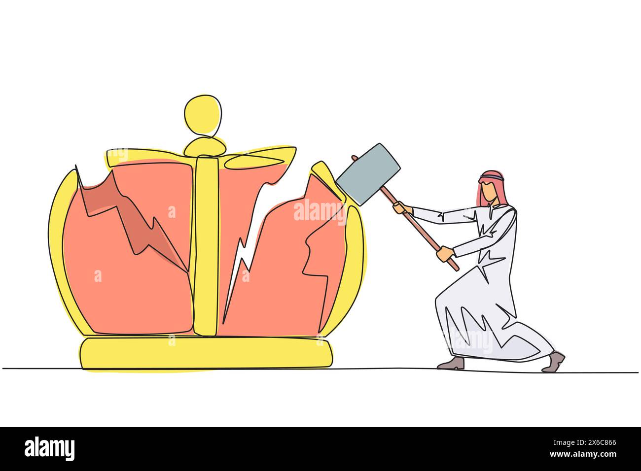 Simple ligne continue dessinant homme d'affaires arabe se préparant à frapper la grande couronne. Détruire les symboles du Royaume autoritaire. Attendez-vous à la justice pour le bus Illustration de Vecteur
