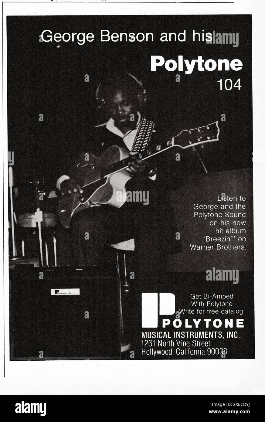 Une publicité pour les amplificateurs Polytone dans un magazine du milieu des années 1970. C'est un ampli qui était populaire auprès des musiciens de jazz et est approuvé ici par George Benson. Banque D'Images