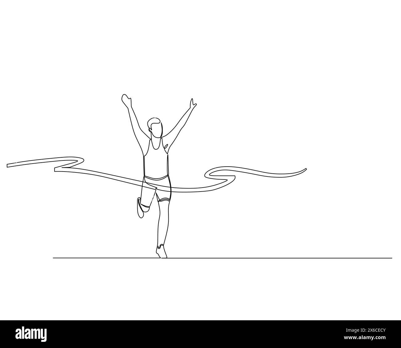 Dessin en ligne unique continu du coureur masculin célébrant parce qu'il a atteint la ligne d'arrivée en première place. Concept d'entraînement sportif sain. Design ve Illustration de Vecteur