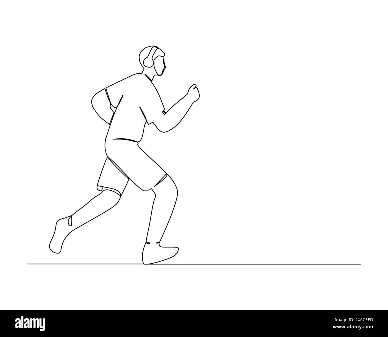 Le dessin continu d'une seule ligne de jeune homme est le jogging à l'aide d'un casque et l'écoute de la musique. Concept d'entraînement sportif sain. Conception d'événements de compétition Illustration de Vecteur