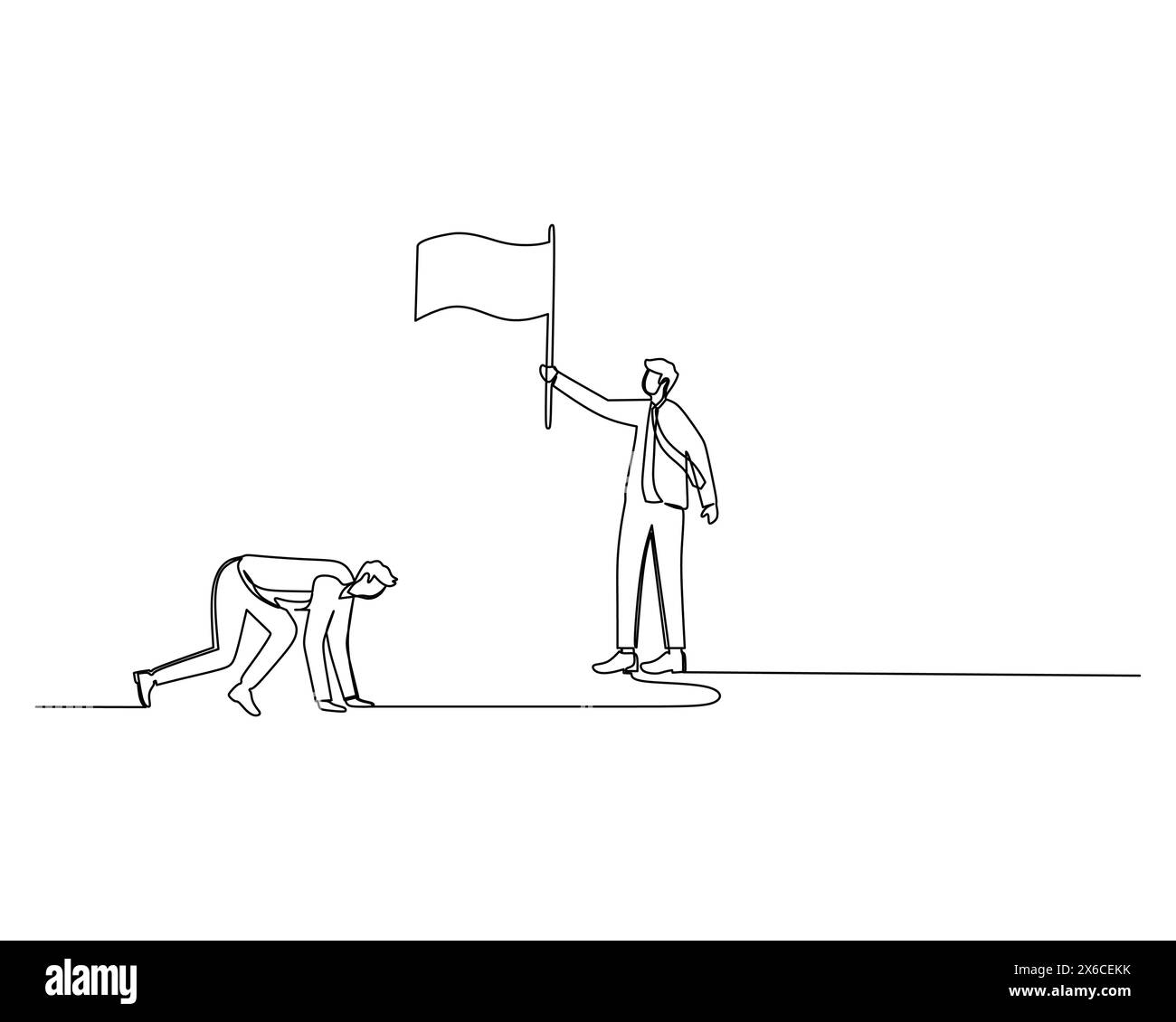 Dessin continu d'une seule ligne de jeune coureur énergique prêt à sprint à la ligne de départ devant un homme dans une cravate et costume qui tient un drapeau. Guérir Illustration de Vecteur