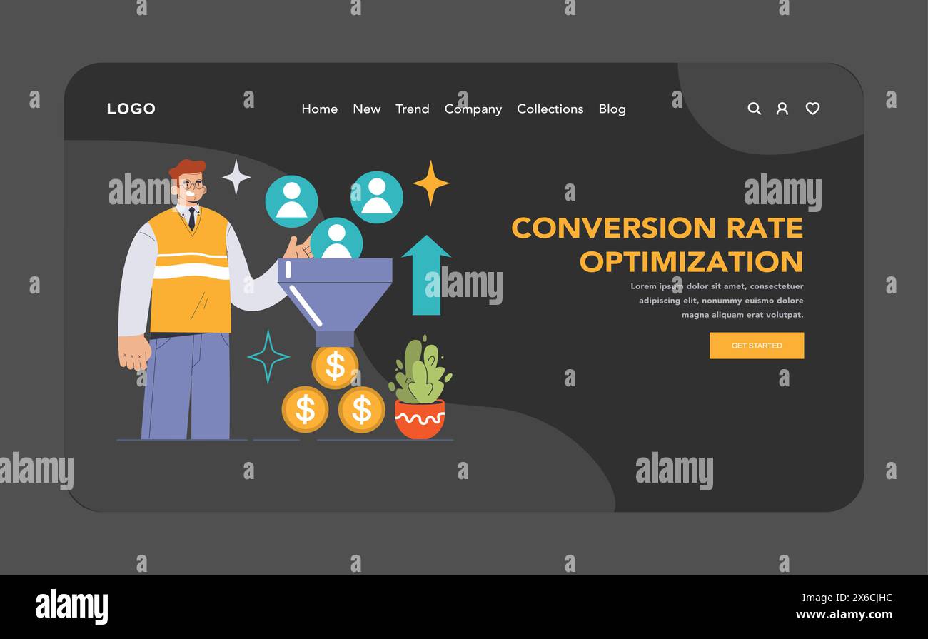 Un expert en marketing numérique navigue dans l'optimisation du taux de conversion. Canaliser les avatars des utilisateurs vers les revenus, les flèches de croissance indiquent le succès. Stratégies de dynamisation de l'activité. Illustration vectorielle plate Illustration de Vecteur