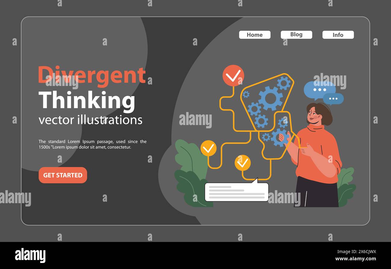 Concept de dynamique de résolution de problèmes. Femme intègre des rouages dans l'organigramme, optimisant les processus. Pensée divergente, augmentation de l'efficacité. Illustration vectorielle plate. Illustration de Vecteur