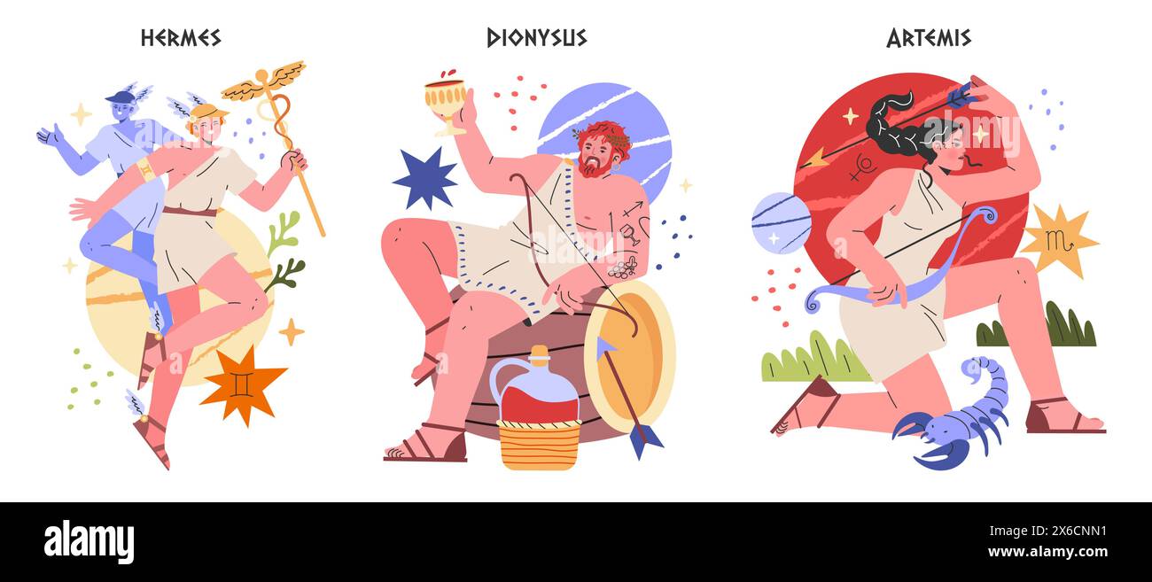 Ensemble dieux grecs anciens. Hermès, Dionysos et Artémis sont représentés dans des illustrations modernes vibrantes. Figures mythologiques avec attributs symboliques. Illustration vectorielle. Illustration de Vecteur