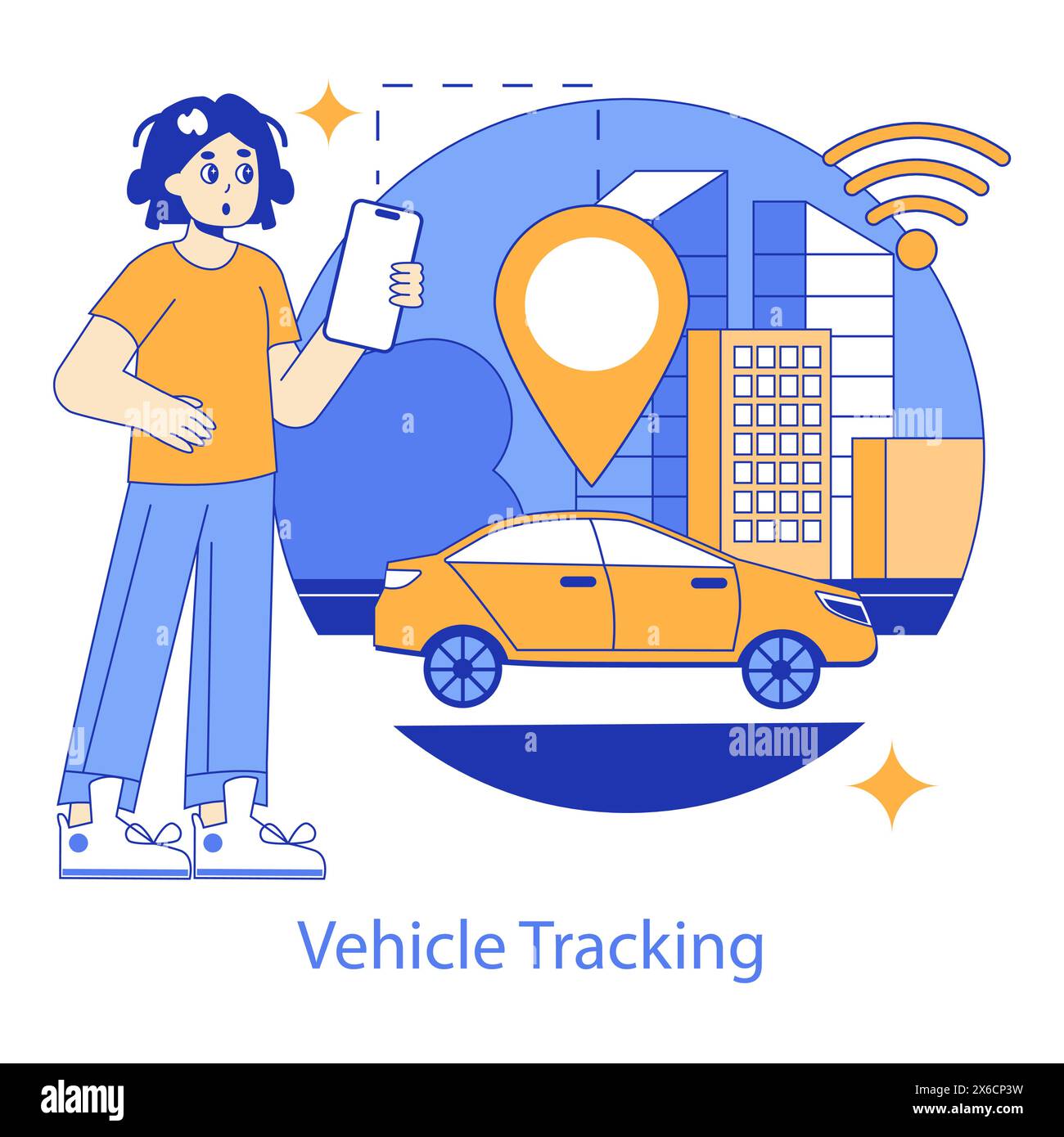 Concept de suivi de véhicule. Illustration montrant une personne utilisant un appareil pour localiser une voiture en milieu urbain avec des icônes de connectivité. Illustration vectorielle. Illustration de Vecteur